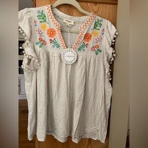 NWT Umgee Cream Embroidered Boho Peasant Top with Orange Green Pink Accents